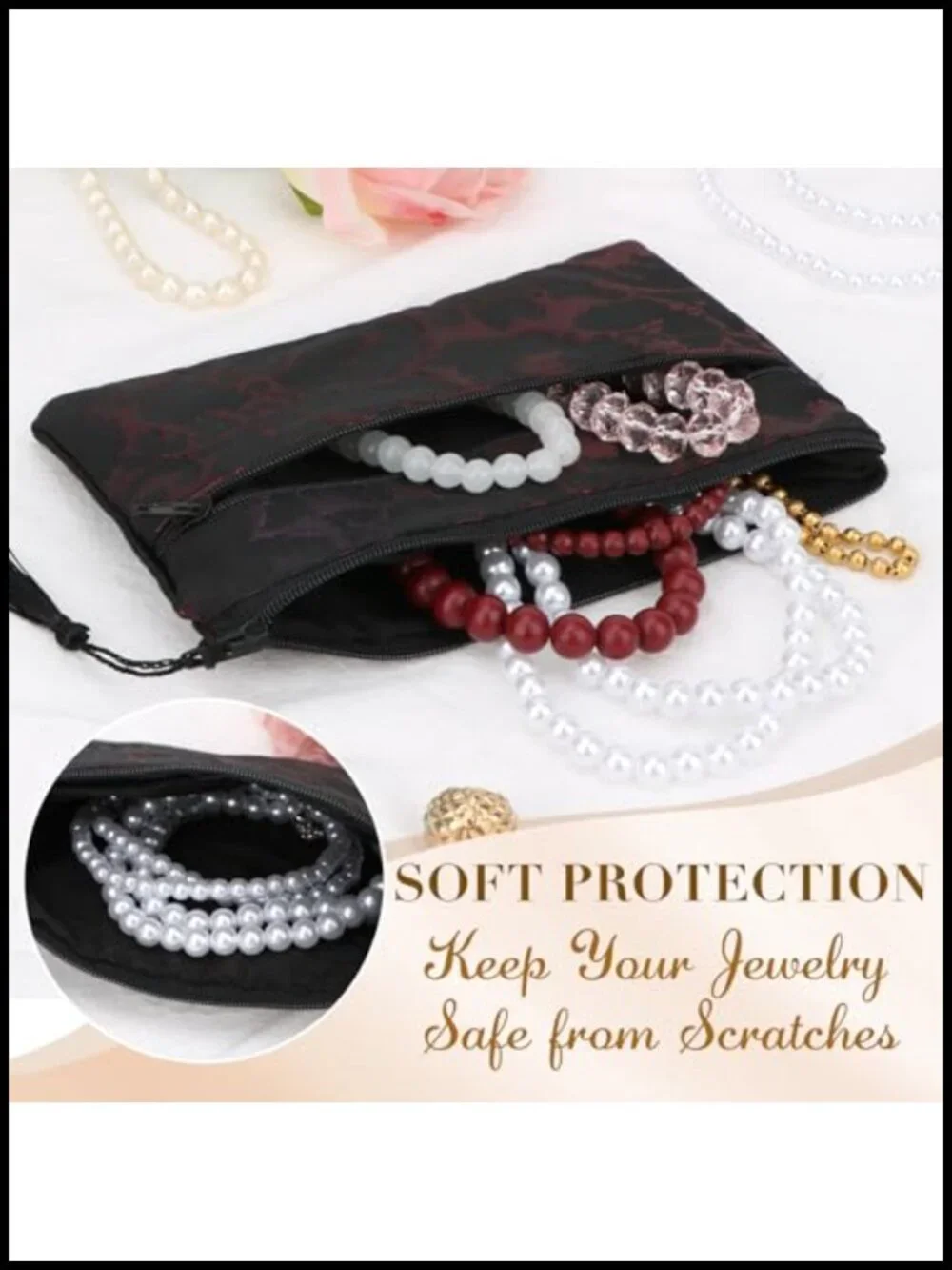 2-Piece Chinese Silk Brocade Jewelry Bags with Zipper Compartments, Tassel Gift